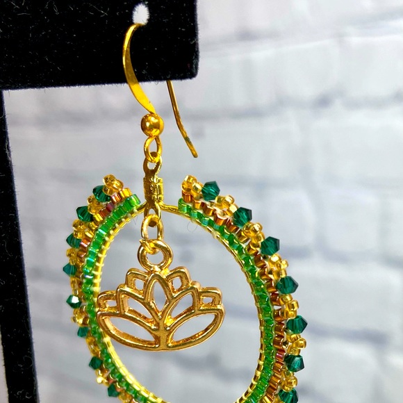 Boho Lotus Flower Green Hoop Beaded Earrings - Picture 3 of 8
